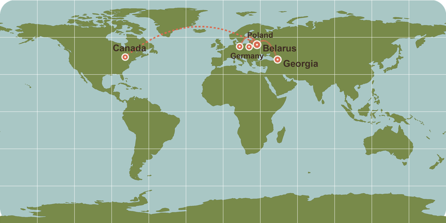 Postcard journey map: Belarus → Poland, Germany, Canada and the world